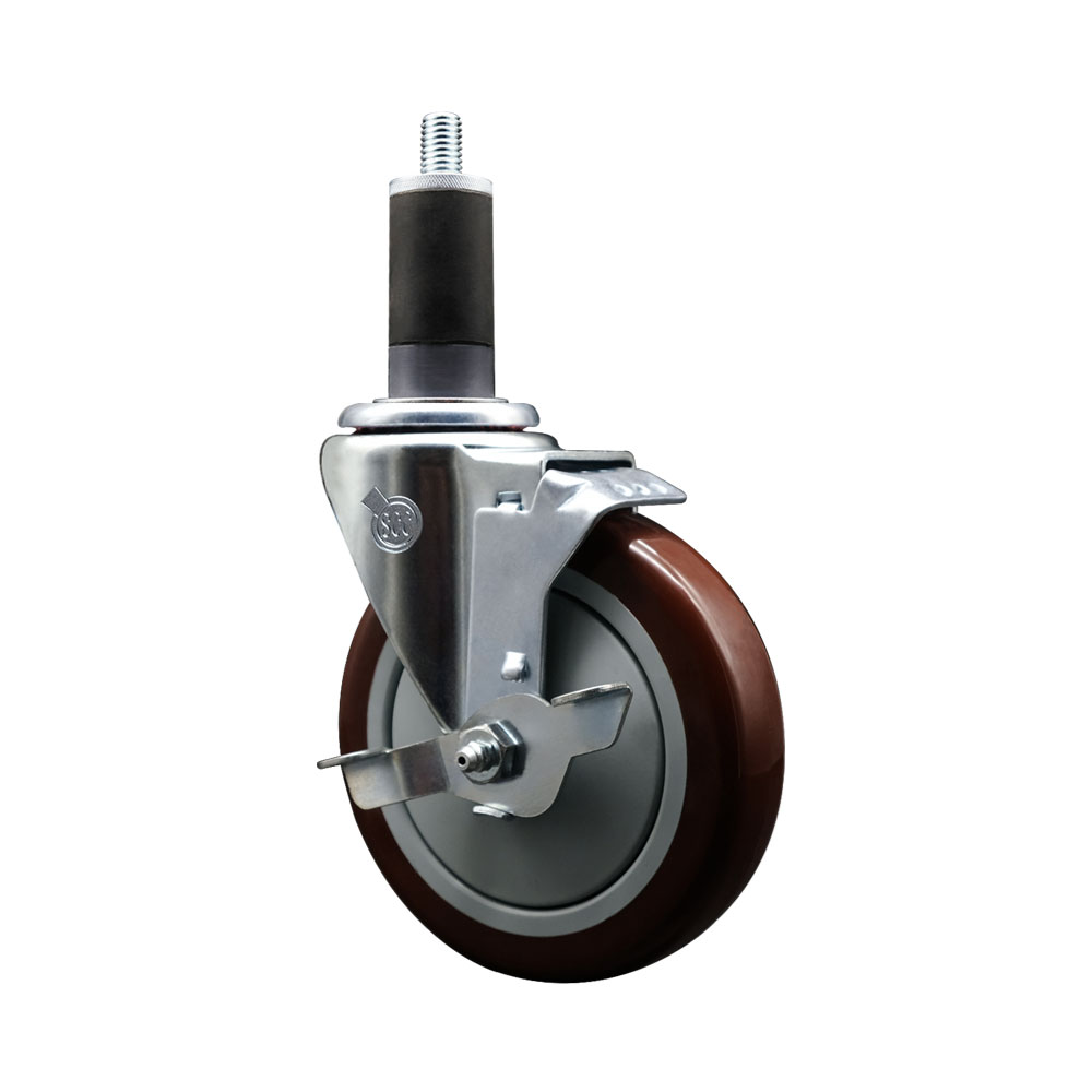 Stainless Steel Polyurethane Expanding Stem Swivel Caster with 5 Inch Maroon Wheel and 1-1/4" Stem & Top Locking Brake - 350 lbs. Capacity Per Caster - Service Caster Brand — photo 1