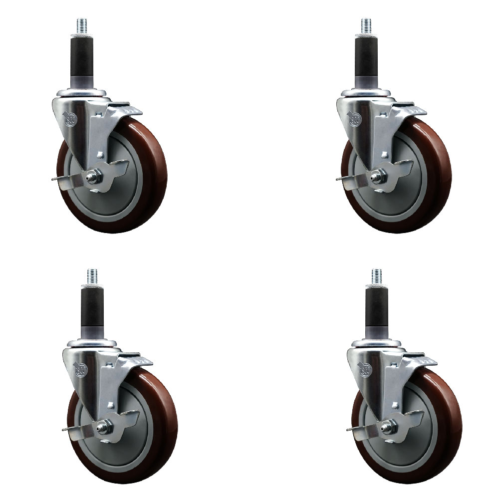 Polyurethane Swivel Expanding Stem Caster Set of 4 with 5 Inch Maroon Wheels and 1-1/8" Stems - Includes 4 Swivel with Top Locking Brakes - 350 lbs. Capacity Per Caster - Service Caster Brand — photo 1