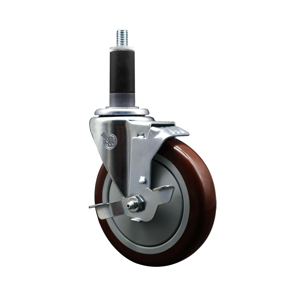 Stainless Steel Polyurethane Expanding Stem Swivel Caster with 5 Inch Maroon Wheel and 1-1/8" Stem & Top Locking Brake - 350 lbs. Capacity Per Caster - Service Caster Brand — photo 1