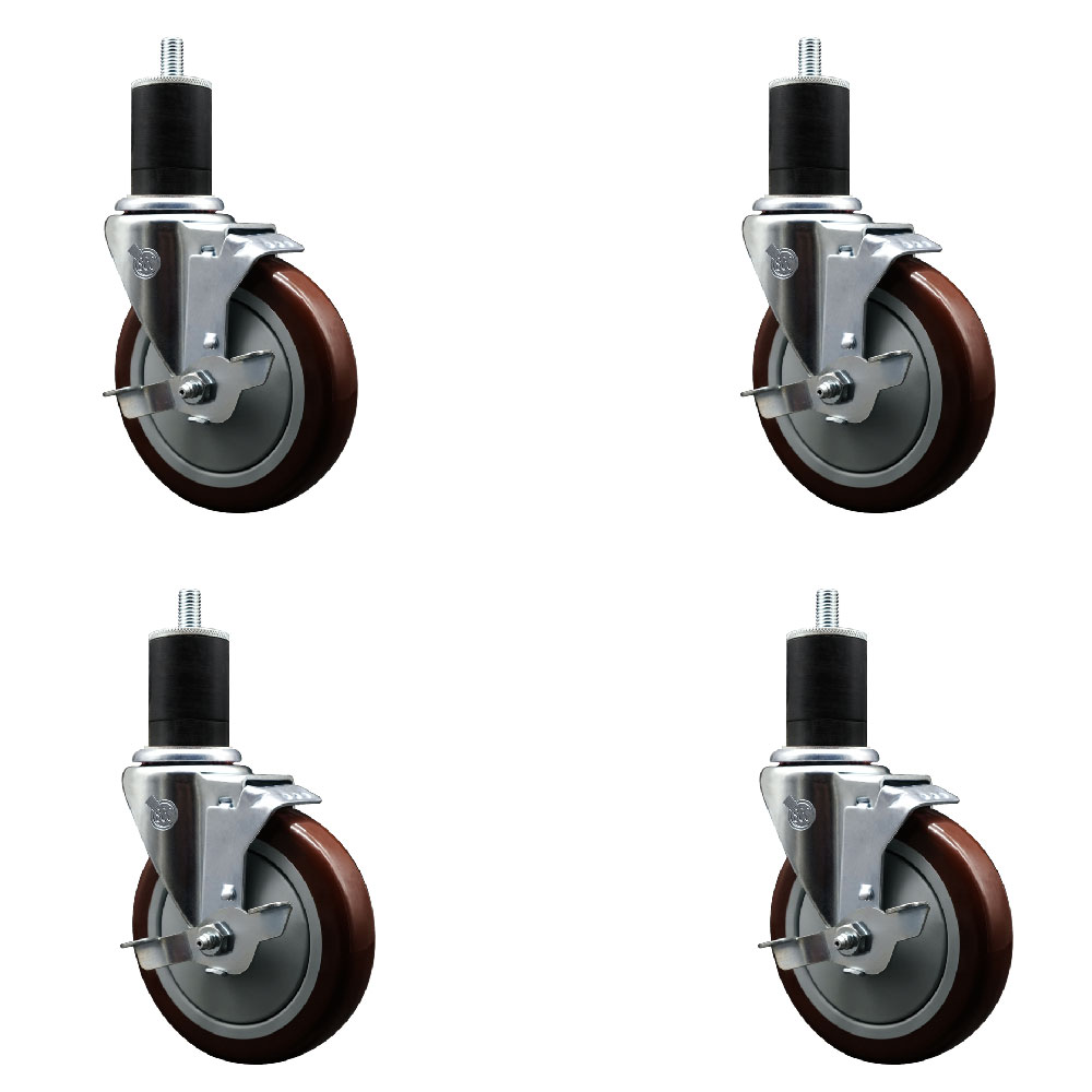 Stainless Steel Polyurethane Swivel Expanding Stem Caster Set of 4 with 5 Inch Maroon Wheels and 1-3/4" Stems - 4 Swivel with Top Locking Brakes - 350 lbs. Capacity Per Caster - Service Caster Brand — photo 1