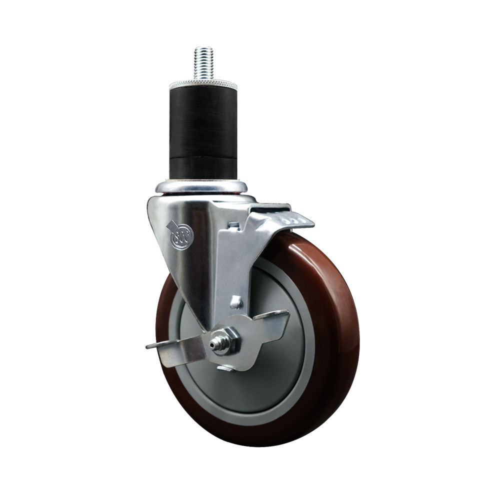 Stainless Steel Polyurethane Expanding Stem Swivel Caster with 5 Inch Maroon Wheel and 1-3/4" Stem & Top Locking Brake - 350 lbs. Capacity Per Caster - Service Caster Brand — photo 1