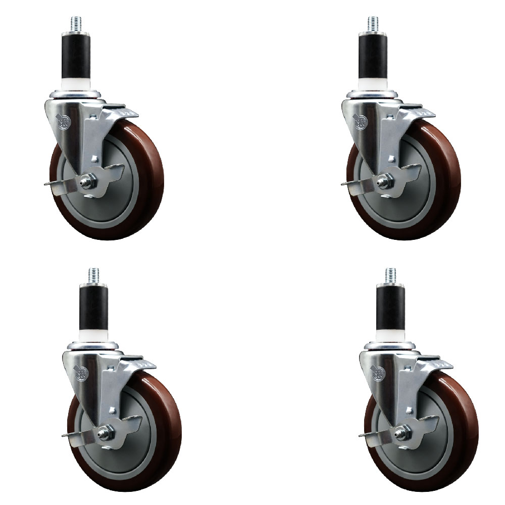 Polyurethane Swivel Expanding Stem Caster Set of 4 with 5 Inch Maroon Wheels and 1-3/8" Stems - Includes 4 Swivel with Top Locking Brakes - 350 lbs. Capacity Per Caster - Service Caster Brand — photo 1