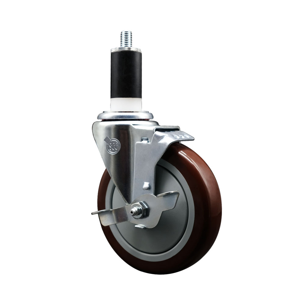 Polyurethane Expanding Stem Swivel Caster with 5 Inch Maroon Wheel and 1-3/8" Stem & Top Locking Brake - 350 lbs. Capacity Per Caster - Service Caster Brand — photo 1