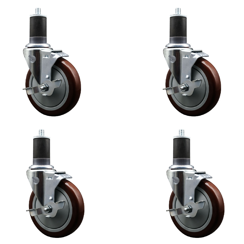 Polyurethane Swivel Expanding Stem Caster Set of 4 with 5 Inch Maroon Wheels and 1-5/8" Stems - Includes 4 Swivel with Top Locking Brakes - 350 lbs. Capacity Per Caster - Service Caster Brand — photo 1