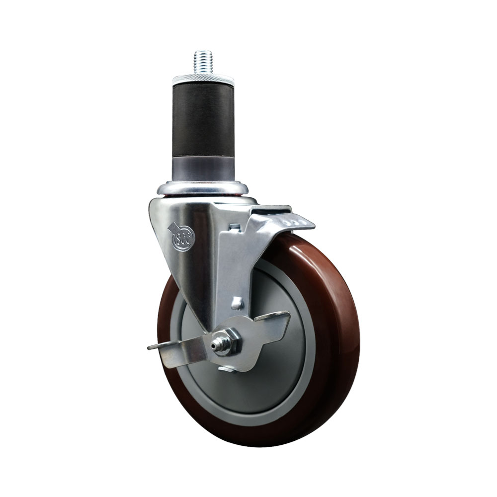 Stainless Steel Polyurethane Expanding Stem Swivel Caster with 5 Inch Maroon Wheel and 1-5/8" Stem & Top Locking Brake - 350 lbs. Capacity Per Caster - Service Caster Brand — photo 1