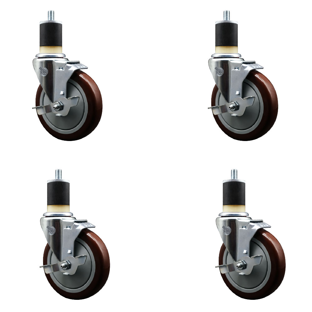 Polyurethane Swivel Expanding Stem Caster Set of 4 with 5 Inch Maroon Wheels and 1-7/8" Stems - Includes 4 Swivel with Top Locking Brakes - 350 lbs. Capacity Per Caster - Service Caster Brand — photo 1