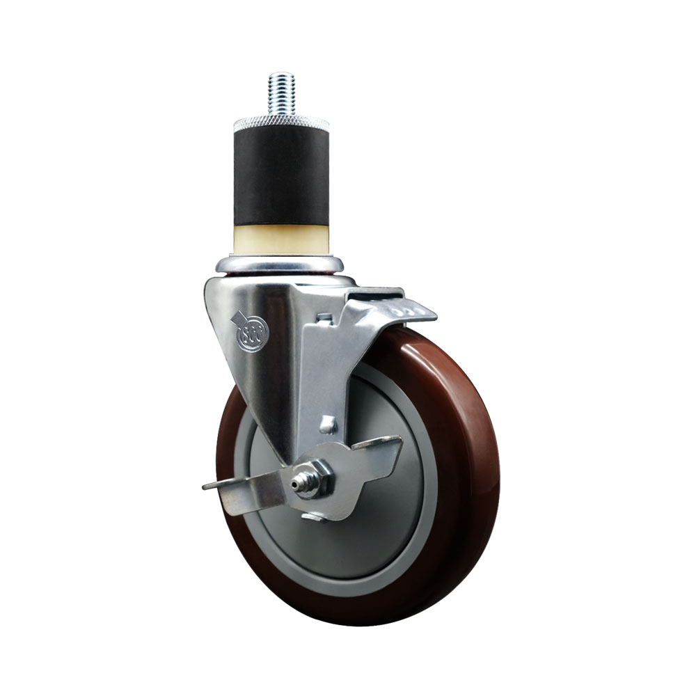 Polyurethane Expanding Stem Swivel Caster with 5 Inch Maroon Wheel and 1-7/8" Stem & Top Locking Brake - 350 lbs. Capacity Per Caster - Service Caster Brand — photo 1