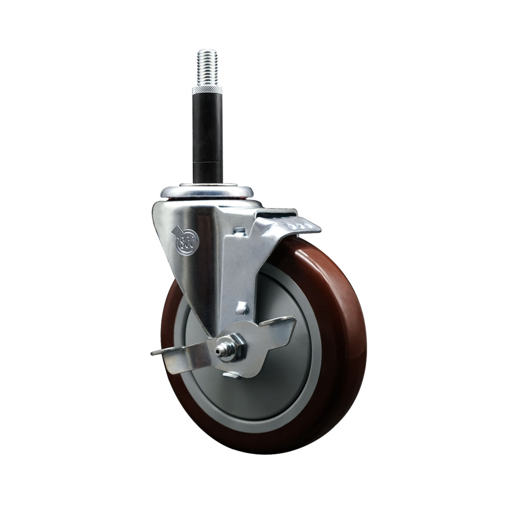 Polyurethane Expanding Stem Swivel Caster with 5 Inch Maroon Wheel and 3/4" Stem & Top Locking Brake - 350 lbs. Capacity Per Caster - Service Caster Brand — photo 1