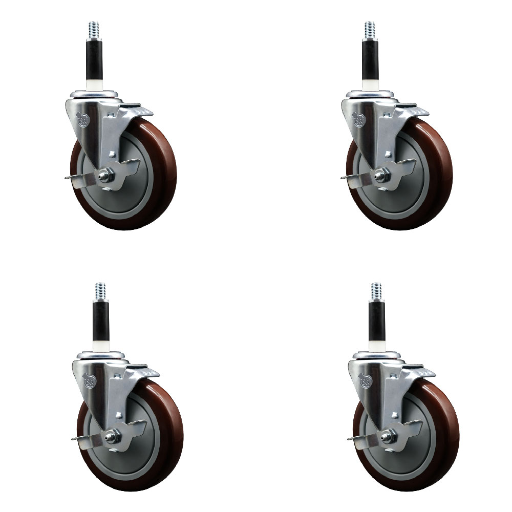 Stainless Steel Polyurethane Swivel Expanding Stem Caster Set of 4 with 5 Inch Maroon Wheels and 7/8" Stems - 4 Swivel with Top Locking Brakes - 350 lbs. Capacity Per Caster - Service Caster Brand — photo 1