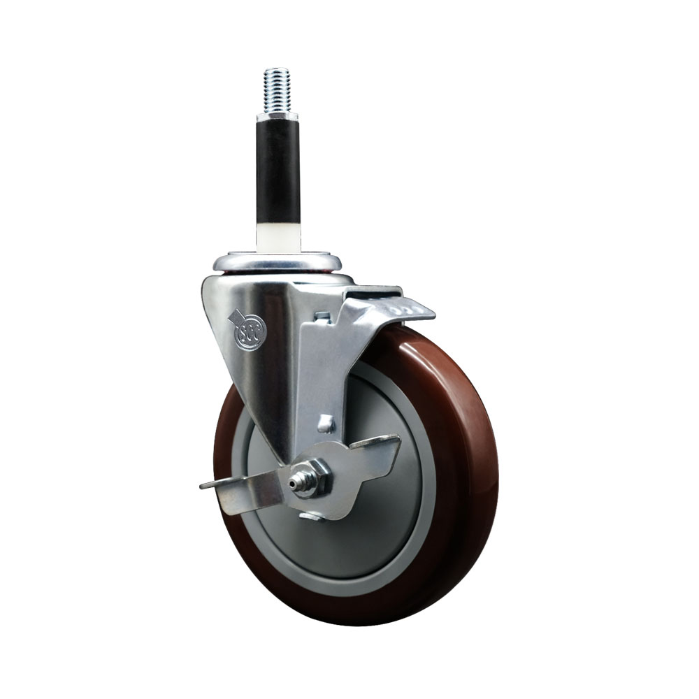 Polyurethane Expanding Stem Swivel Caster with 5 Inch Maroon Wheel and 7/8" Stem & Top Locking Brake - 350 lbs. Capacity Per Caster - Service Caster Brand — photo 1