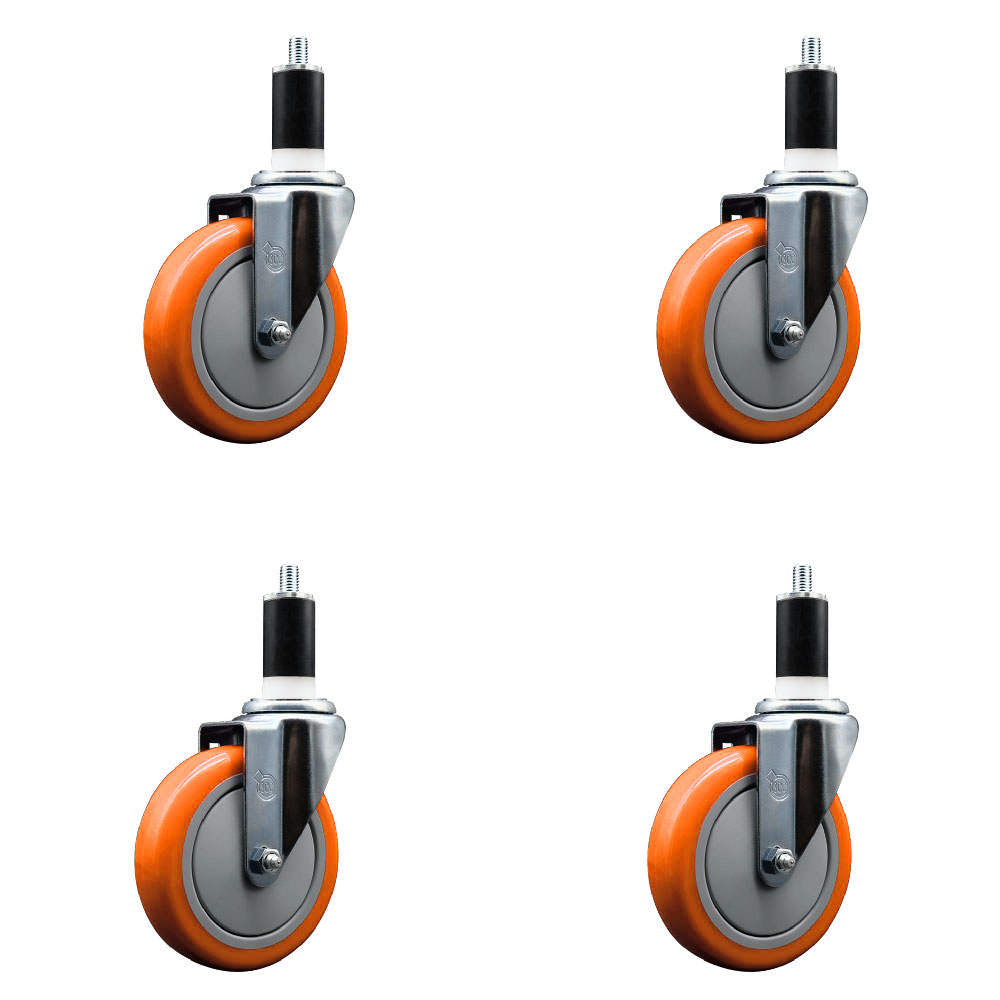 Polyurethane Swivel Expanding Stem Caster Set of 4 with 5 Inch Orange Wheels and 1-3/8" Stems - 350 lbs. Capacity Per Caster - Service Caster Brand — photo 1