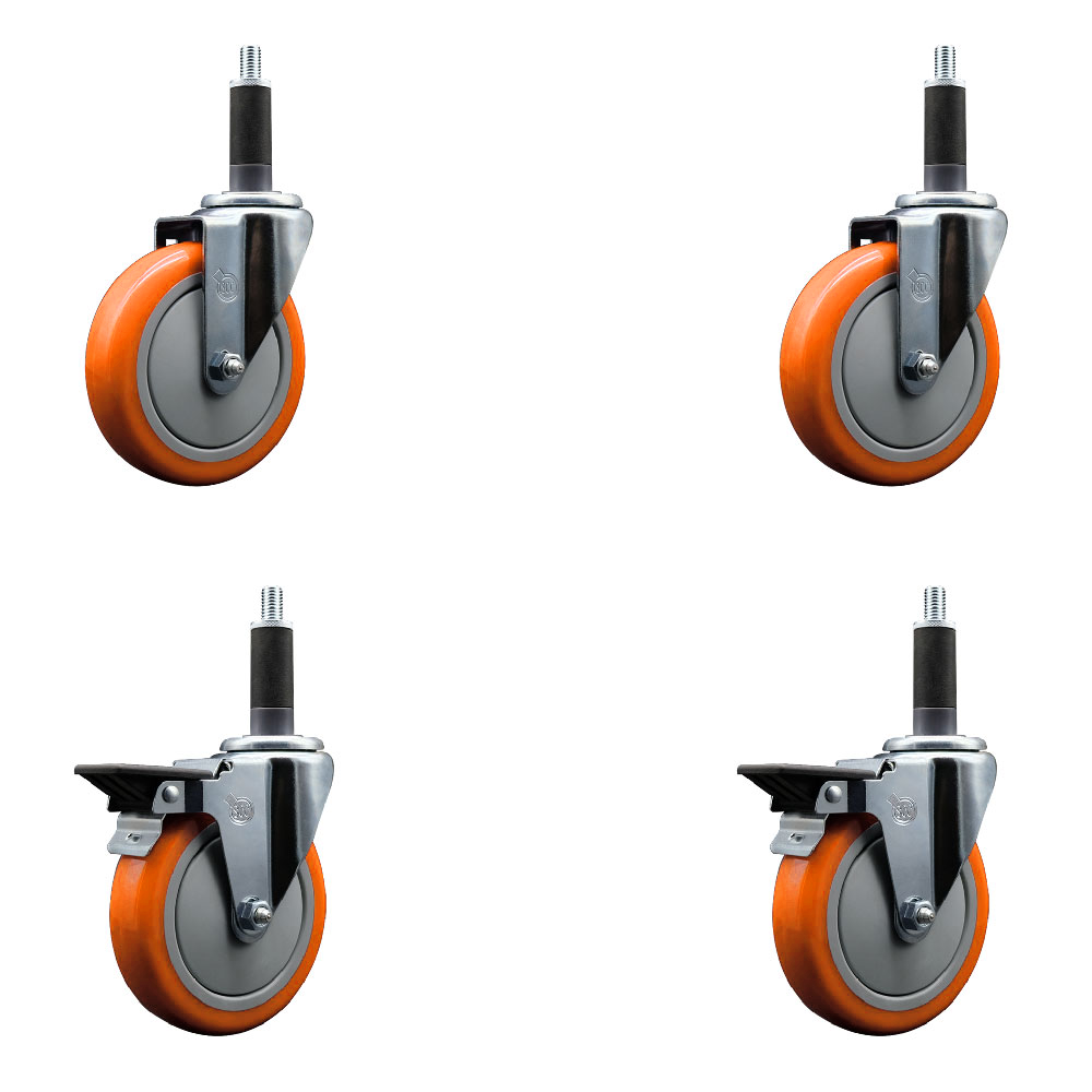 Polyurethane Swivel Expanding Stem Caster Set of 4 with 5 Inch Orange Wheels and 1" Stems - Includes 2 with Posi Locking Brakes - 1400 lbs Total Capacity - Service Caster Brand — photo 1