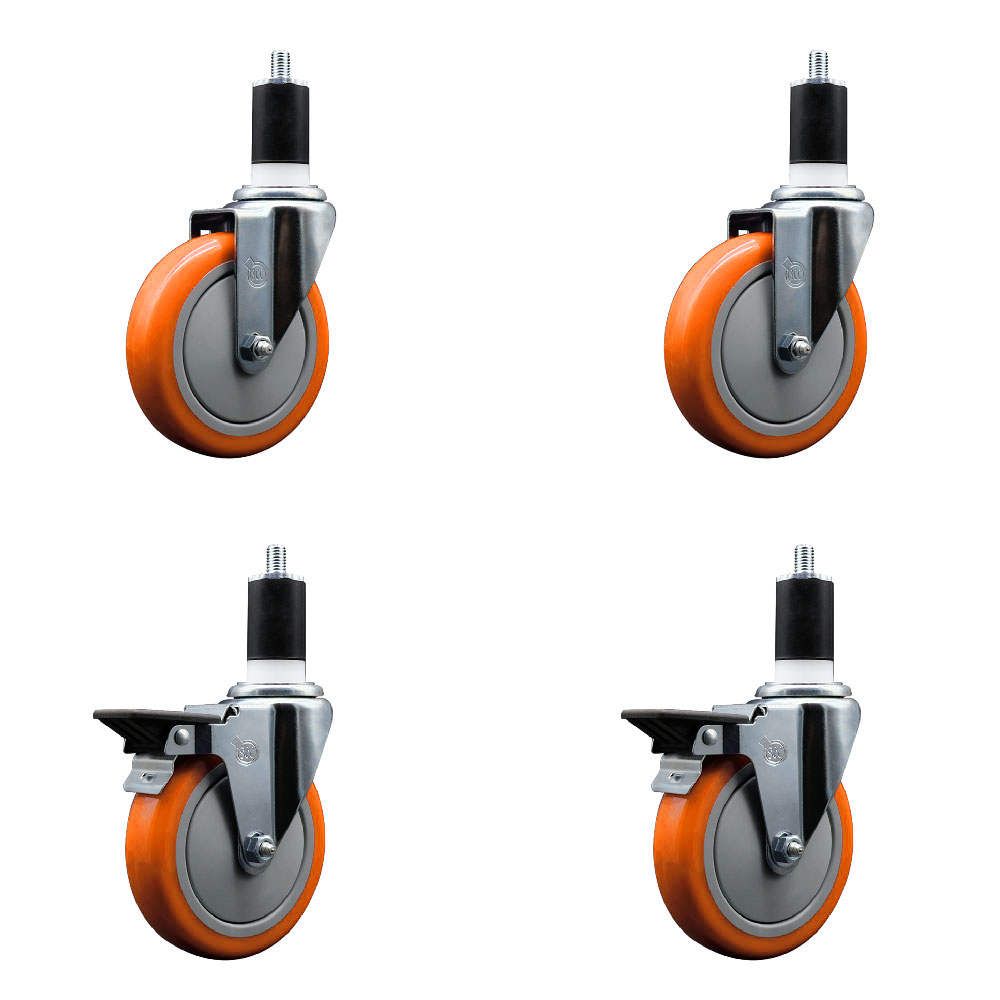 Polyurethane Swivel Expanding Stem Caster Set of 4 with 5 Inch Orange Wheels and 1-1/2" Stems - Includes 2 with Posi Locking Brakes - 1400 lbs Total Capacity - Service Caster Brand — photo 1
