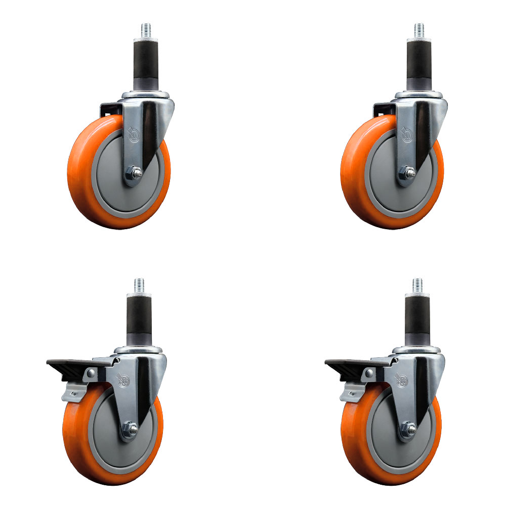 Polyurethane Swivel Expanding Stem Caster Set of 4 with 5 Inch Orange Wheels and 1-1/4" Stems - Includes 2 with Posi Locking Brakes - 1400 lbs Total Capacity - Service Caster Brand — photo 1