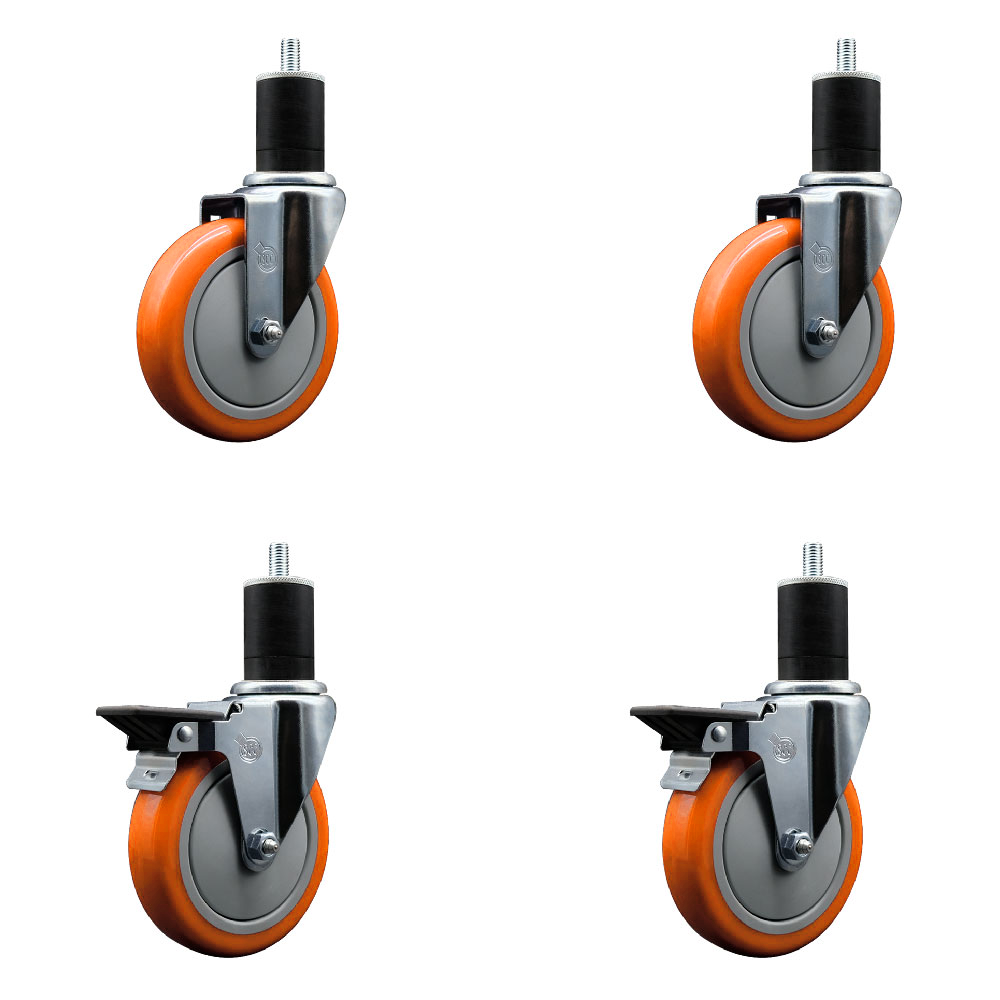 Polyurethane Swivel Expanding Stem Caster Set of 4 with 5 Inch Orange Wheels and 1-3/4" Stems - Includes 2 with Posi Locking Brakes - 1400 lbs Total Capacity - Service Caster Brand — photo 1