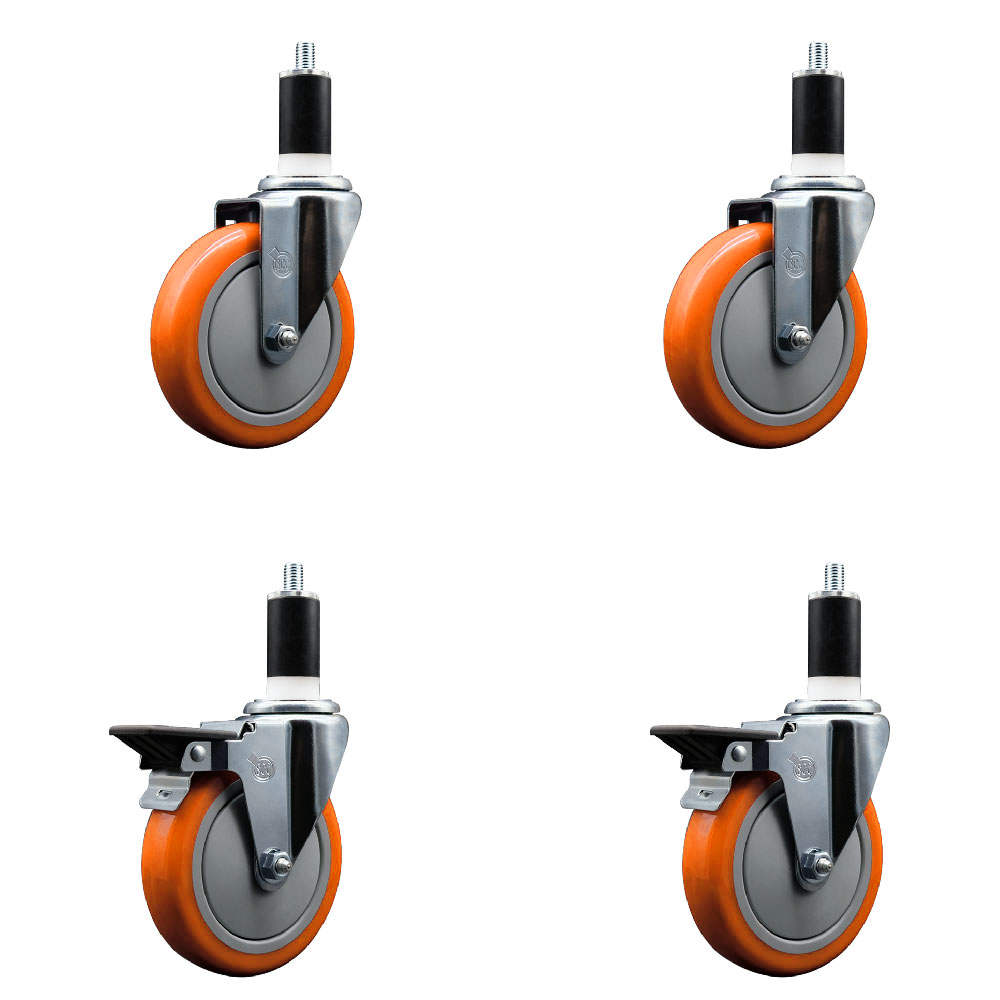 Polyurethane Swivel Expanding Stem Caster Set of 4 with 5 Inch Orange Wheels and 1-3/8" Stems - Includes 2 with Posi Locking Brakes - 1400 lbs Total Capacity - Service Caster Brand — photo 1