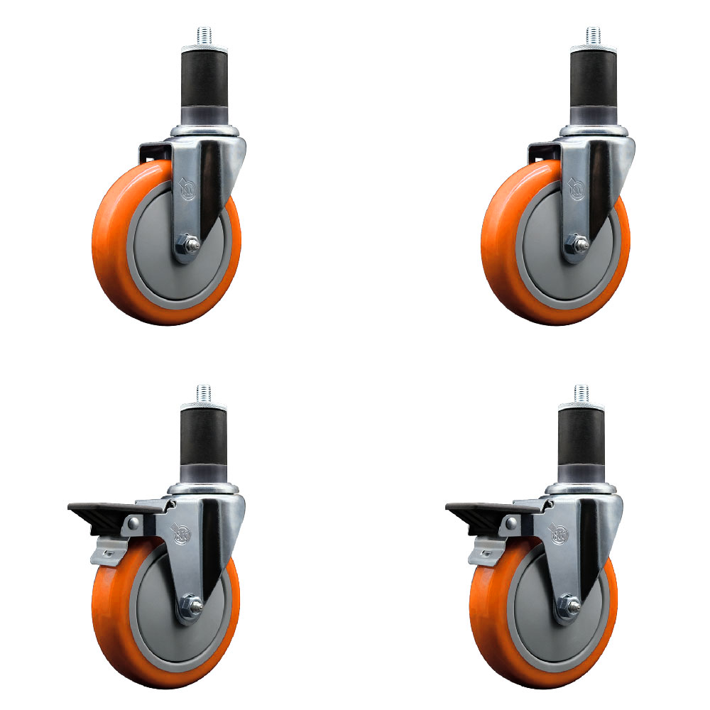 Polyurethane Swivel Expanding Stem Caster Set of 4 with 5 Inch Orange Wheels and 1-5/8" Stems - Includes 2 with Posi Locking Brakes - 1400 lbs Total Capacity - Service Caster Brand — photo 1