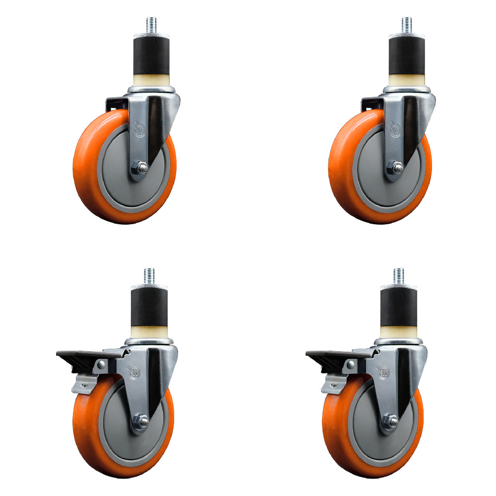 Polyurethane Swivel Expanding Stem Caster Set of 4 with 5 Inch Orange Wheels and 1-7/8" Stems - Includes 2 with Posi Locking Brakes - 1400 lbs Total Capacity - Service Caster Brand — photo 1