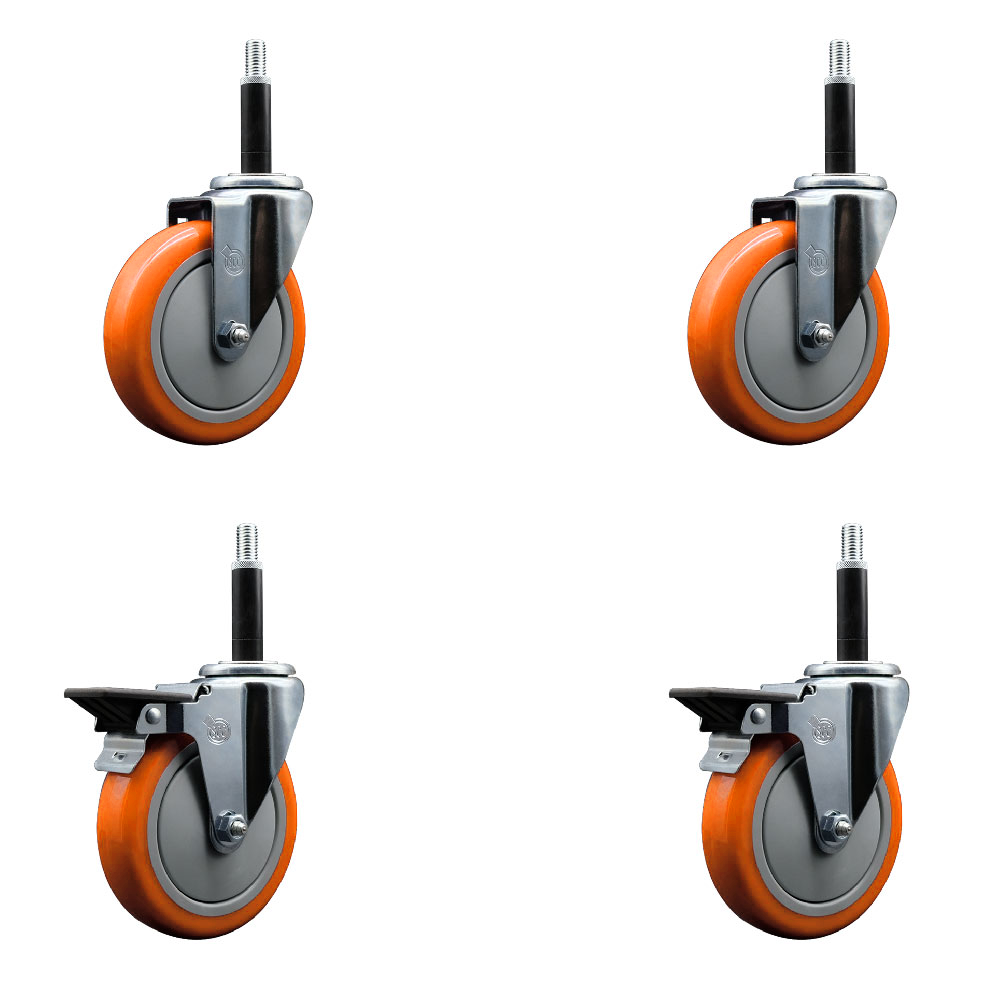Polyurethane Swivel Expanding Stem Caster Set of 4 with 5 Inch Orange Wheels and 3/4" Stems - Includes 2 with Posi Locking Brakes - 1400 lbs Total Capacity - Service Caster Brand — photo 1