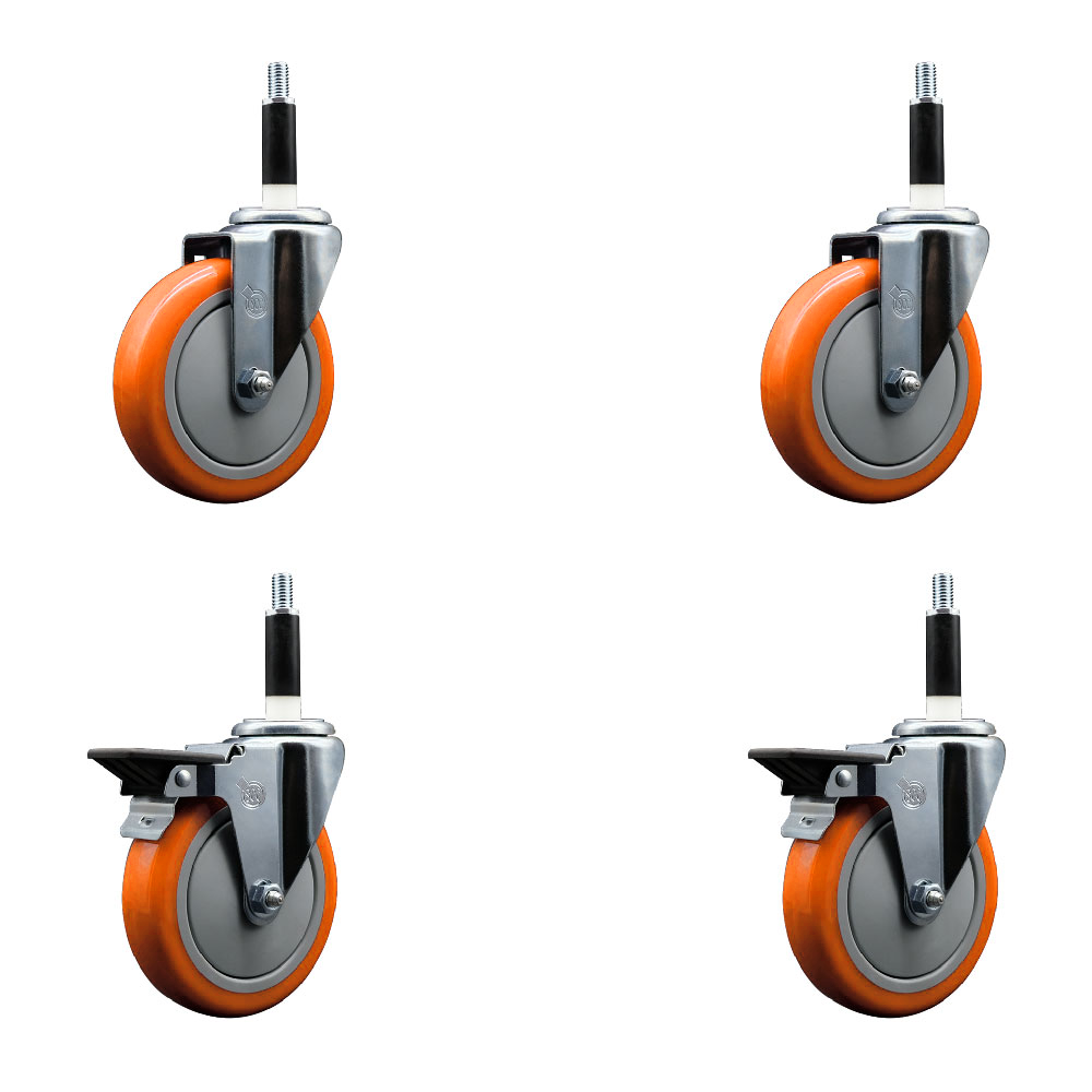 Polyurethane Swivel Expanding Stem Caster Set of 4 with 5 Inch Orange Wheels and 7/8" Stems - Includes 2 with Posi Locking Brakes - 1400 lbs Total Capacity - Service Caster Brand — photo 1