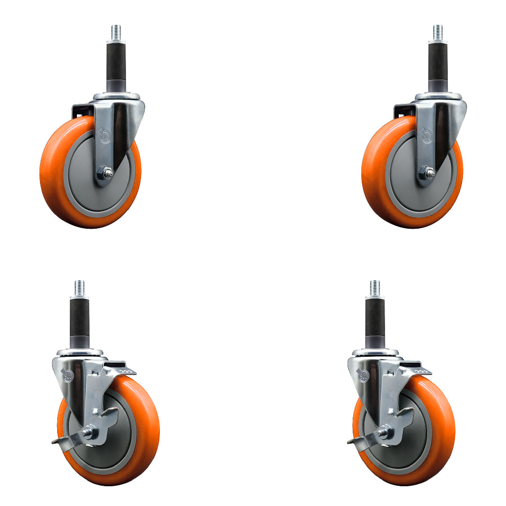 Polyurethane Swivel Expanding Stem Caster Set of 4 with 5 Inch Orange Wheels and 1" Stems - Includes 2 with Top Locking Brakes - 1400 lbs Total Capacity - Service Caster Brand — photo 1
