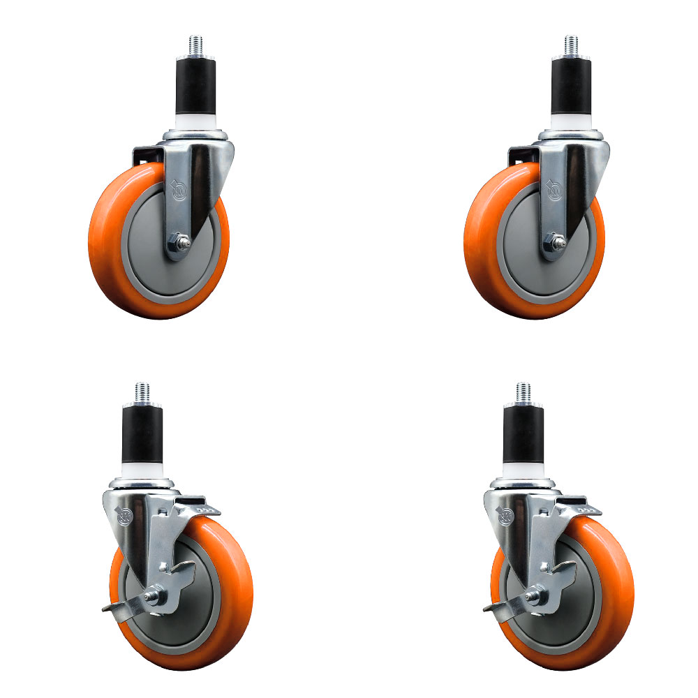 Stainless Steel Polyurethane Swivel Expanding Stem Caster Set of 4 with 5 Inch Orange Wheels and 1-1/2" Stems - Includes 2 with Top Locking Brakes - 1400 lbs Total Capacity - Service Caster Brand — photo 1