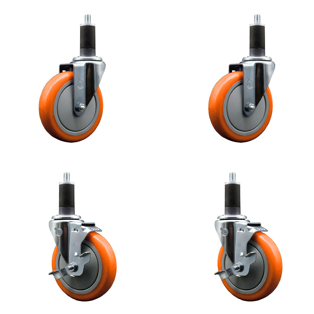 Stainless Steel Polyurethane Swivel Expanding Stem Caster Set of 4 with 5 Inch Orange Wheels and 1-1/4" Stems - Includes 2 with Top Locking Brakes - 1400 lbs Total Capacity - Service Caster Brand — photo 1