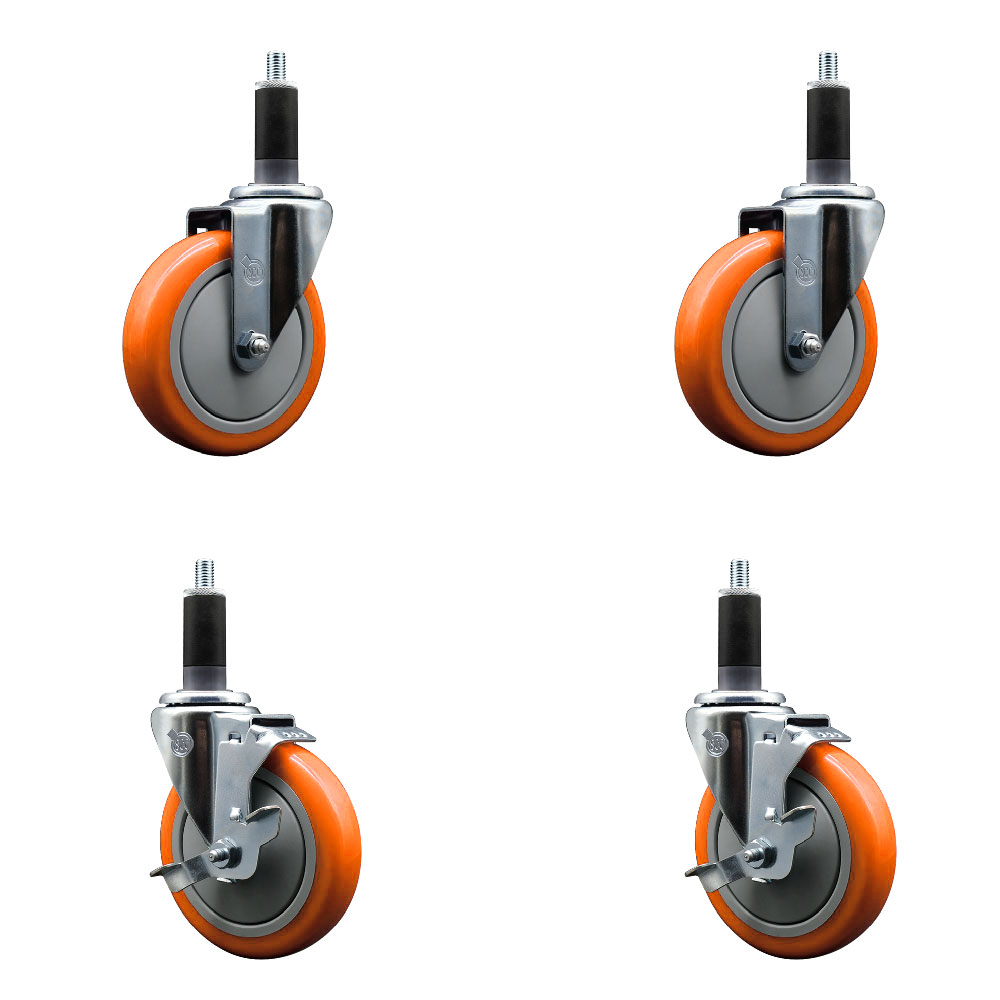 Stainless Steel Polyurethane Swivel Expanding Stem Caster Set of 4 with 5 Inch Orange Wheels and 1-1/8" Stems - Includes 2 with Top Locking Brakes - 1400 lbs Total Capacity - Service Caster Brand — photo 1
