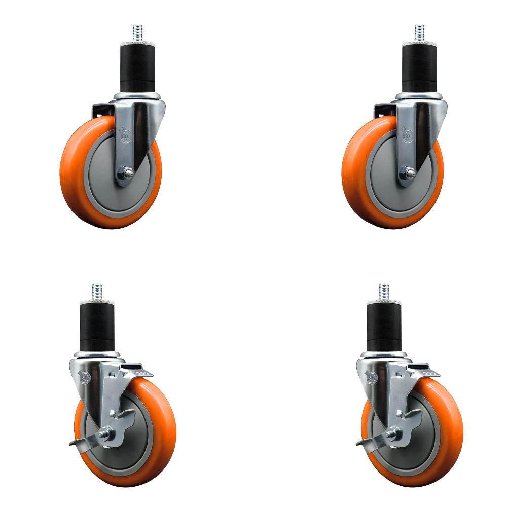 Stainless Steel Polyurethane Swivel Expanding Stem Caster Set of 4 with 5 Inch Orange Wheels and 1-3/4" Stems - Includes 2 with Top Locking Brakes - 1400 lbs Total Capacity - Service Caster Brand — photo 1