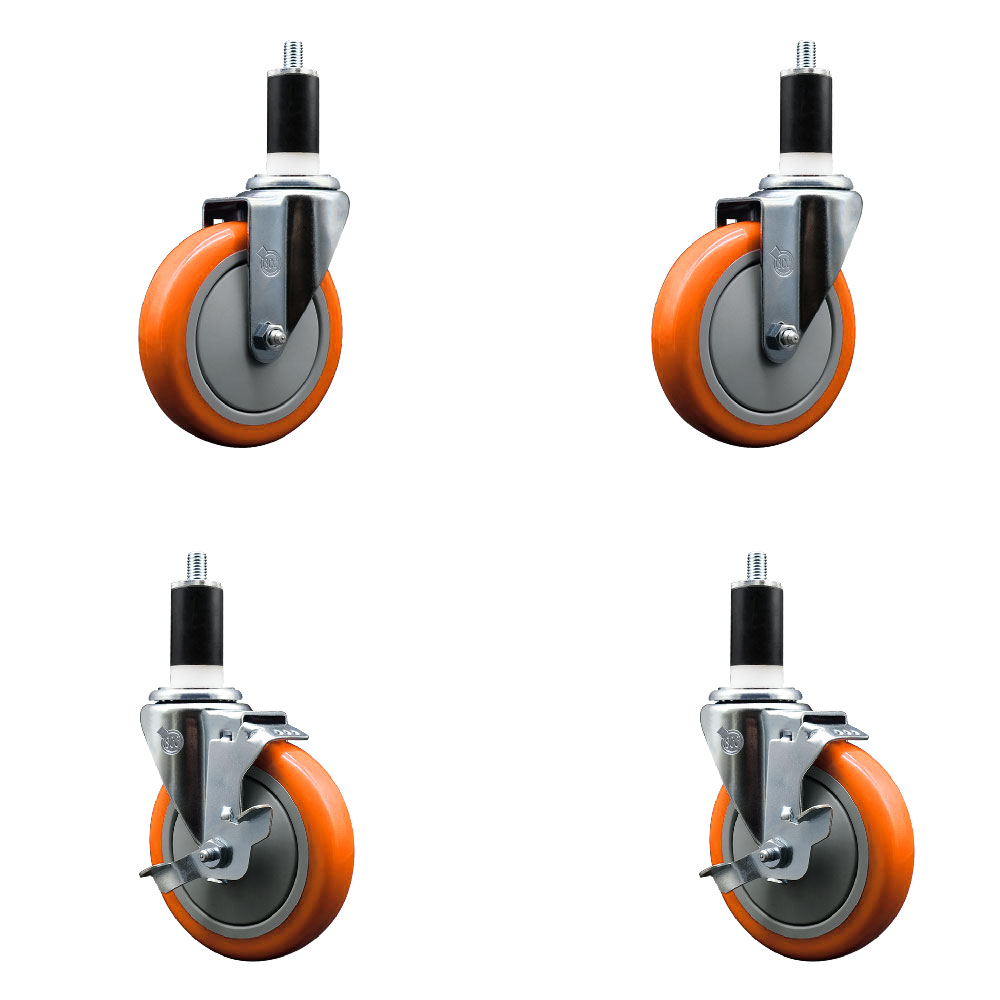 Polyurethane Swivel Expanding Stem Caster Set of 4 with 5 Inch Orange Wheels and 1-3/8" Stems - Includes 2 with Top Locking Brakes - 1400 lbs Total Capacity - Service Caster Brand — photo 1