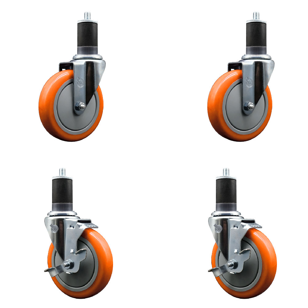Polyurethane Swivel Expanding Stem Caster Set of 4 with 5 Inch Orange Wheels and 1-5/8" Stems - Includes 2 with Top Locking Brakes - 1400 lbs Total Capacity - Service Caster Brand — photo 1