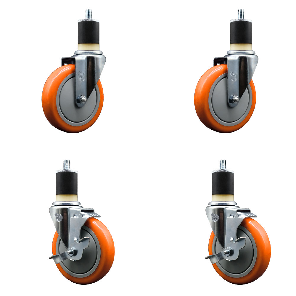 Polyurethane Swivel Stem Caster Set of 4 with 5 Inch Orange Caster Wheels - 1-7/8" Expanding Stems -316 Stainless Steel Casters-Includes 2 Swivel with Top Lock Brakes and 2 Swivel-Service Caster Brand — photo 1