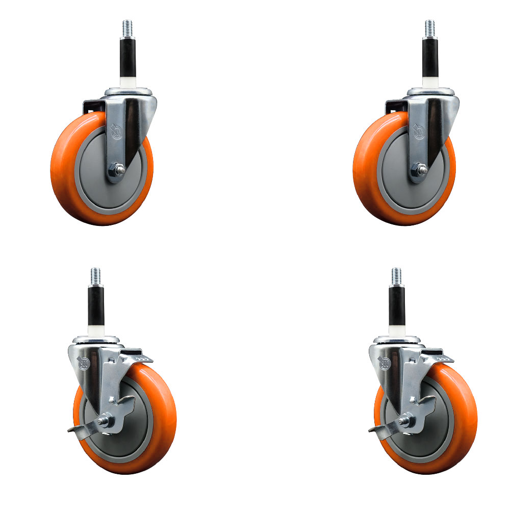 Polyurethane Swivel Stem Caster Set of 4 with 5 Inch Orange Caster Wheels - 7/8" Expanding Stems -316 Stainless Steel Casters - Includes 2 Swivel with Top Lock Brakes and 2 Swivel-Service Caster Brand — photo 1