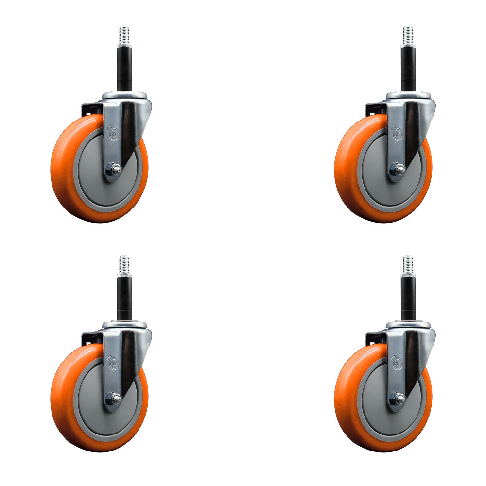 Polyurethane Swivel Expanding Stem Caster Set of 4 with 5 Inch Orange Wheels and 3/4" Stems - 350 lbs. Capacity Per Caster - Service Caster Brand — photo 1
