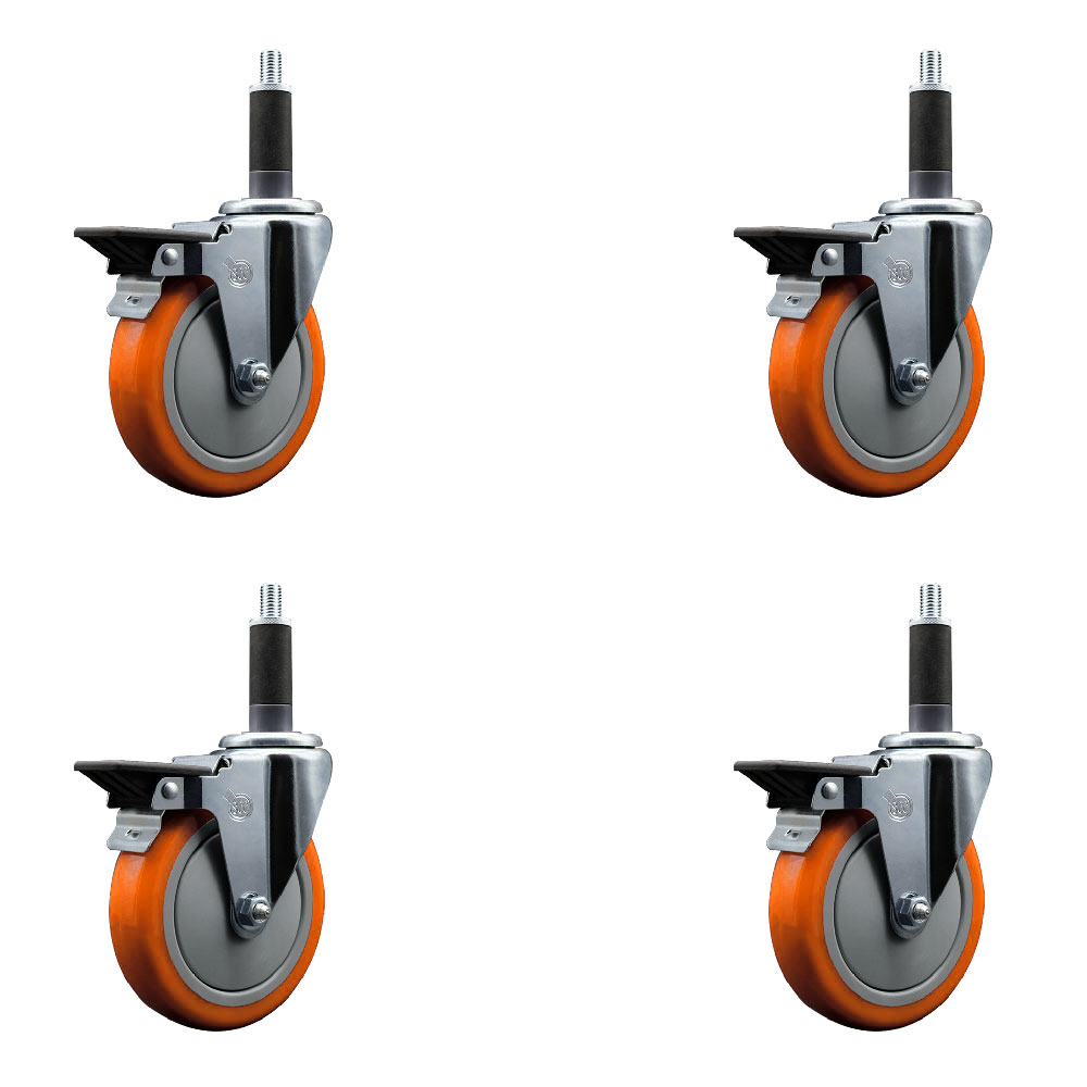 Polyurethane Swivel Expanding Stem Caster Set of 4 with 5 Inch Orange Wheels and 1" Stems - Includes 4 Swivel with Posi Locking Brakes - 350 lbs. Capacity Per Caster - Service Caster Brand — photo 1