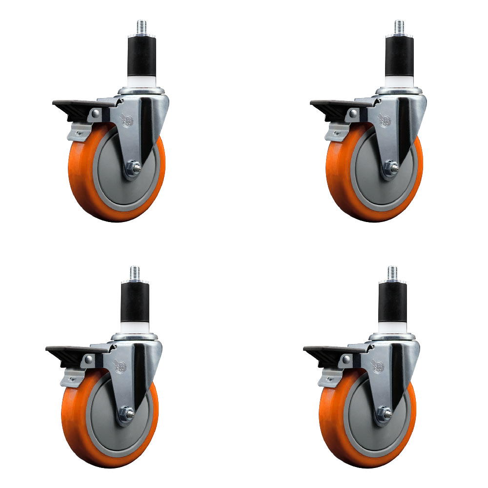 Polyurethane Swivel Expanding Stem Caster Set of 4 with 5 Inch Orange Wheels and 1-1/2" Stems - Includes 4 Swivel with Posi Locking Brakes - 350 lbs. Capacity Per Caster - Service Caster Brand — photo 1