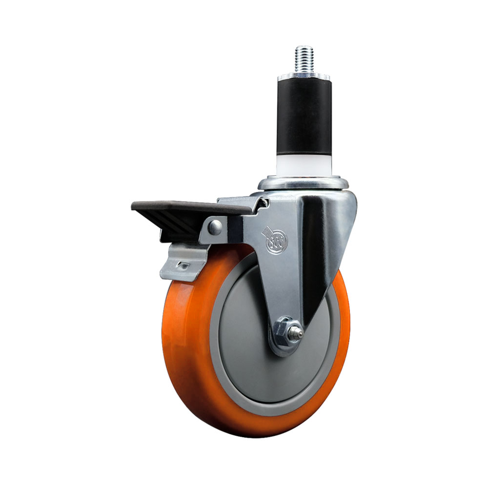 Polyurethane Expanding Stem Swivel Caster with 5 Inch Orange Wheel and 1-1/2" Stem & Posi Locking Brake - 350 lbs. Capacity Per Caster - Service Caster Brand — photo 1
