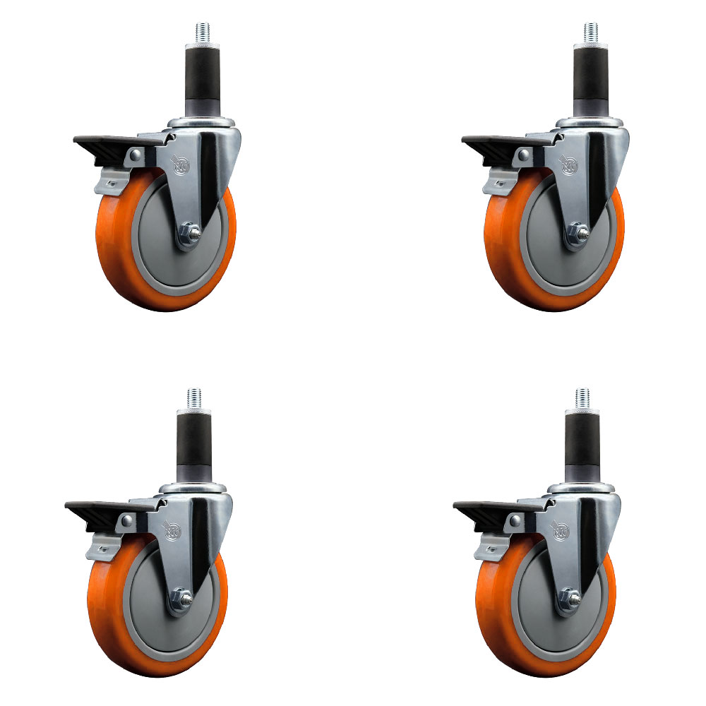 Polyurethane Swivel Expanding Stem Caster Set of 4 with 5 Inch Orange Wheels and 1-1/4" Stems - Includes 4 Swivel with Posi Locking Brakes - 350 lbs. Capacity Per Caster - Service Caster Brand — photo 1