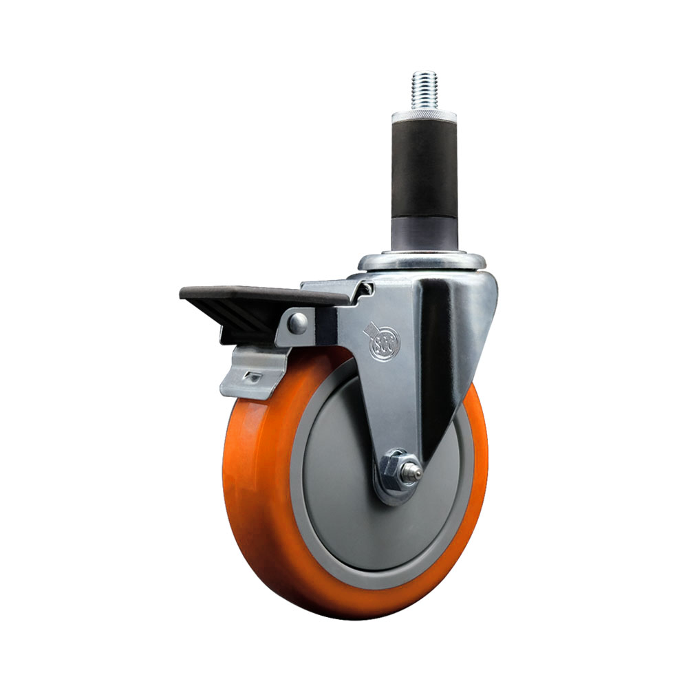 Polyurethane Expanding Stem Swivel Caster with 5 Inch Orange Wheel and 1-1/4" Stem & Posi Locking Brake - 350 lbs. Capacity Per Caster - Service Caster Brand — photo 1