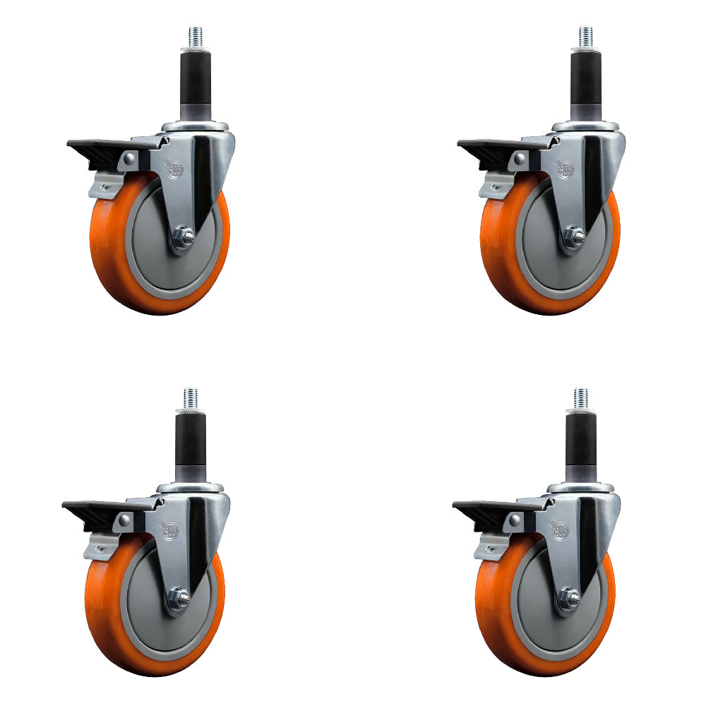 Polyurethane Swivel Expanding Stem Caster Set of 4 with 5 Inch Orange Wheels and 1-1/8" Stems - Includes 4 Swivel with Posi Locking Brakes - 350 lbs. Capacity Per Caster - Service Caster Brand — photo 1