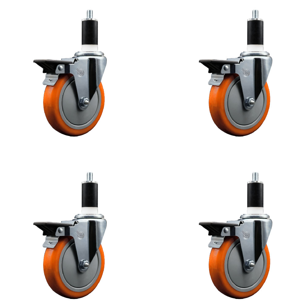Polyurethane Swivel Expanding Stem Caster Set of 4 with 5 Inch Orange Wheels and 1-3/8" Stems - Includes 4 Swivel with Posi Locking Brakes - 350 lbs. Capacity Per Caster - Service Caster Brand — photo 1
