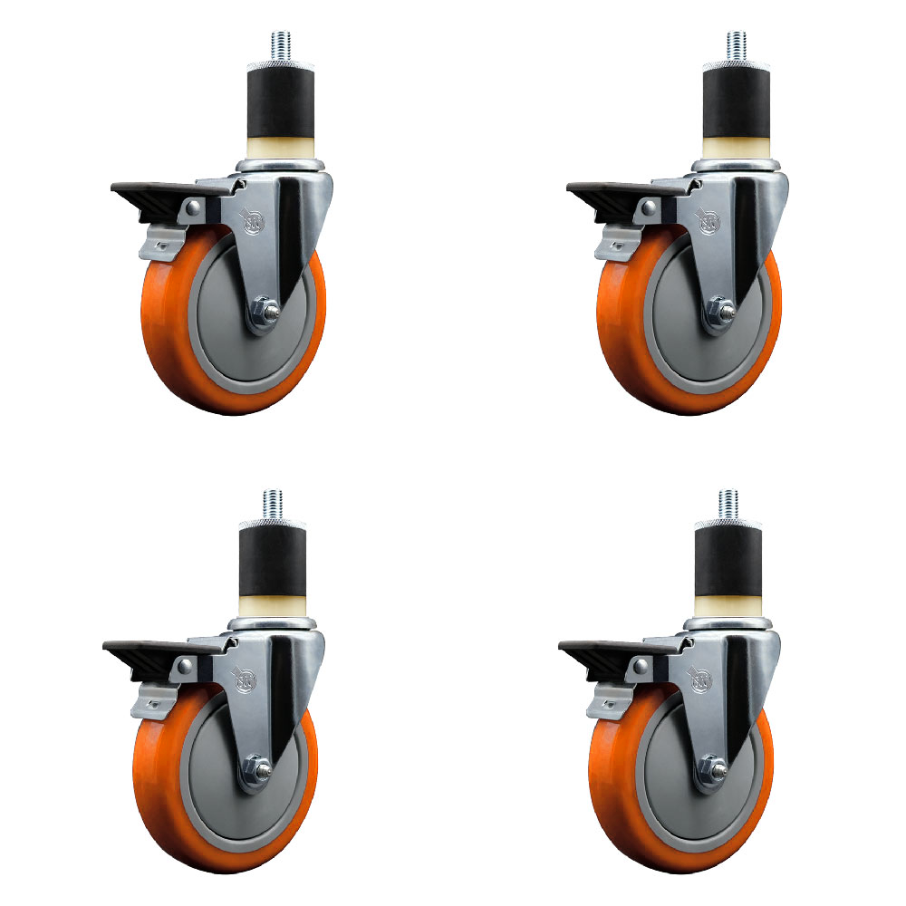 Polyurethane Swivel Expanding Stem Caster Set of 4 with 5 Inch Orange Wheels and 1-7/8" Stems - Includes 4 Swivel with Posi Locking Brakes - 350 lbs. Capacity Per Caster - Service Caster Brand — photo 1