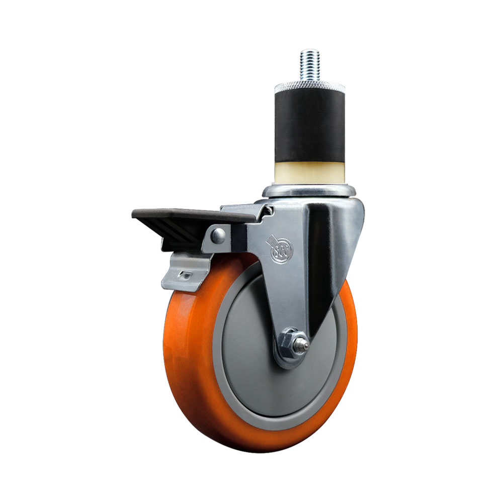 Polyurethane Expanding Stem Swivel Caster with 5 Inch Orange Wheel and 1-7/8" Stem & Posi Locking Brake - 350 lbs. Capacity Per Caster - Service Caster Brand — photo 1