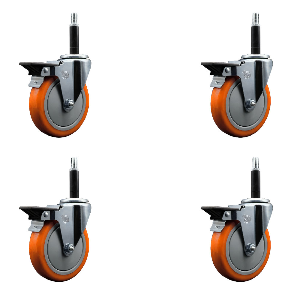Polyurethane Swivel Expanding Stem Caster Set of 4 with 5 Inch Orange Wheels and 3/4" Stems - Includes 4 Swivel with Posi Locking Brakes - 350 lbs. Capacity Per Caster - Service Caster Brand — photo 1