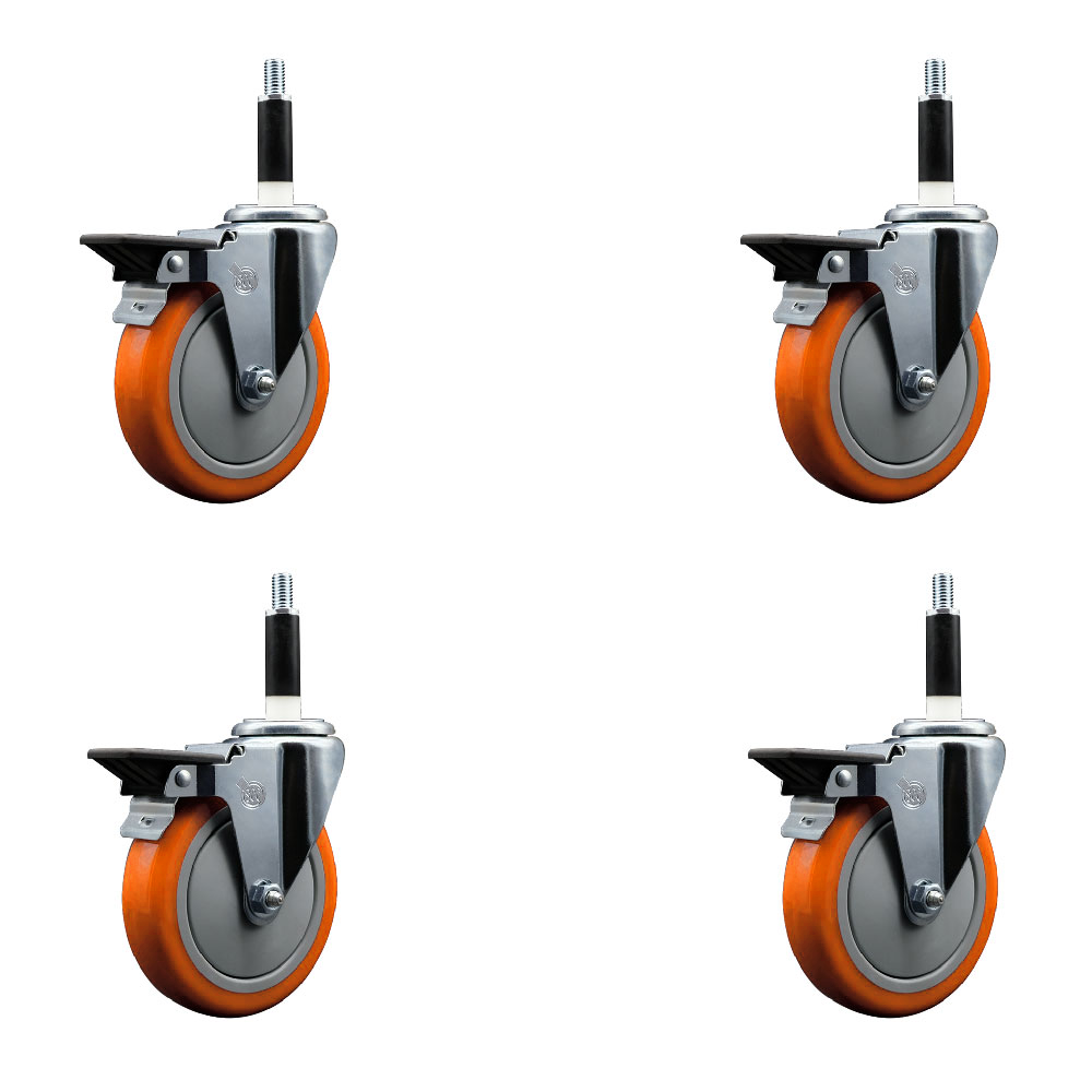 Polyurethane Swivel Expanding Stem Caster Set of 4 with 5 Inch Orange Wheels and 7/8" Stems - Includes 4 Swivel with Posi Locking Brakes - 350 lbs. Capacity Per Caster - Service Caster Brand — photo 1