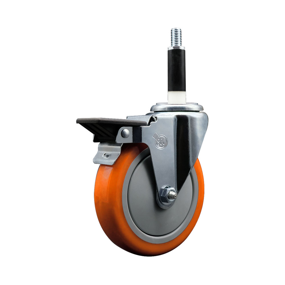 Polyurethane Expanding Stem Swivel Caster with 5 Inch Orange Wheel and 7/8" Stem & Posi Locking Brake - 350 lbs. Capacity Per Caster - Service Caster Brand — photo 1