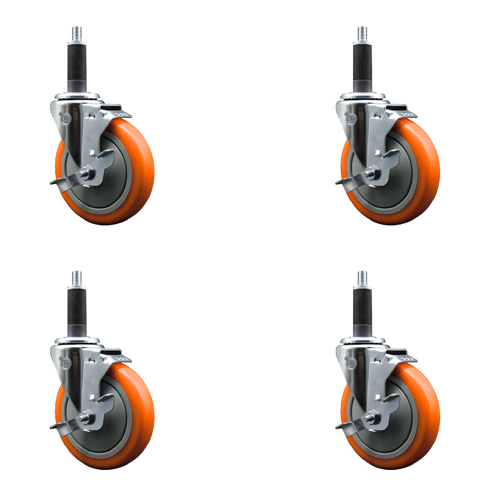 Polyurethane Swivel Expanding Stem Caster Set of 4 with 5 Inch Orange Wheels and 1" Stems - Includes 4 Swivel with Top Locking Brakes - 350 lbs. Capacity Per Caster - Service Caster Brand — photo 1