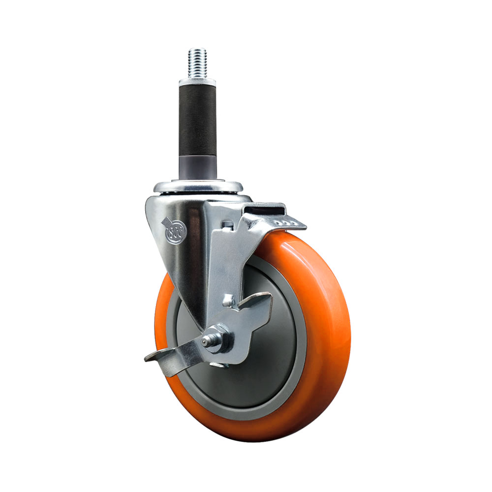 Stainless Steel Polyurethane Expanding Stem Swivel Caster with 5 Inch Orange Wheel and 1" Stem & Top Locking Brake - 350 lbs. Capacity Per Caster - Service Caster Brand — photo 1