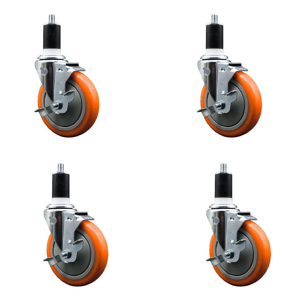 Polyurethane Swivel Expanding Stem Caster Set of 4 with 5 Inch Orange Wheels and 1-1/2" Stems - Includes 4 Swivel with Top Locking Brakes - 350 lbs. Capacity Per Caster - Service Caster Brand — photo 1