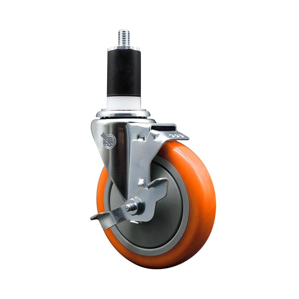 Polyurethane Expanding Stem Swivel Caster with 5 Inch Orange Wheel and 1-1/2" Stem & Top Locking Brake - 350 lbs. Capacity Per Caster - Service Caster Brand — photo 1